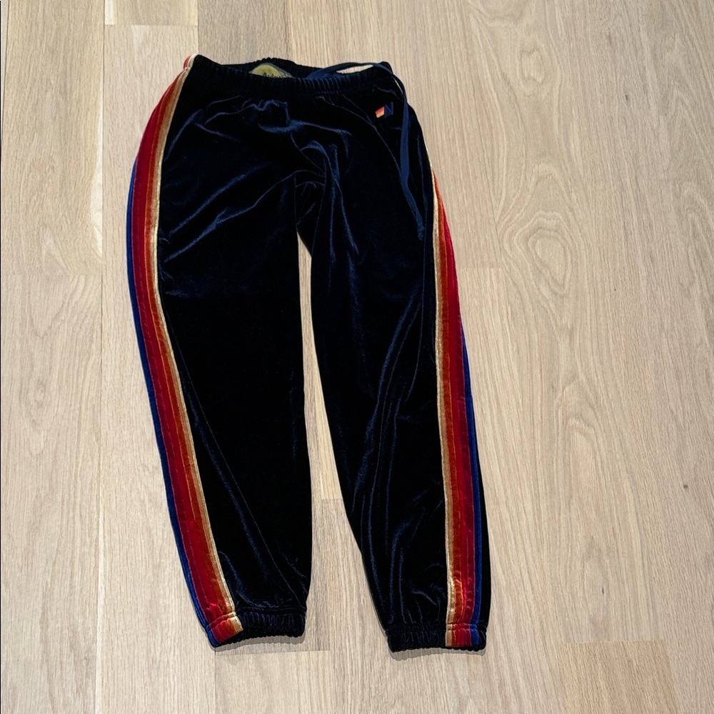 Aviator Nation Navy Velvet Track Pants with Rainbow Side Stripes